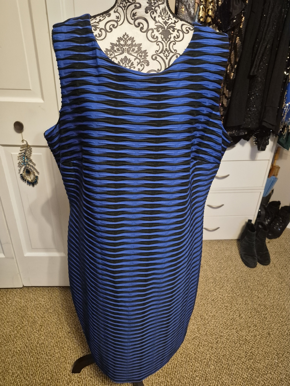 Calvin Klein Blue and Black Striped Midi Shift Dress